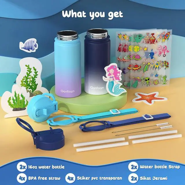 Alt view image 2 of 7 - Kids Water Bottle 2-Pack 16oz Kids Water Bottle with Stickers for School insulated Stainless Steel Straw Cup(Gray+Blue)