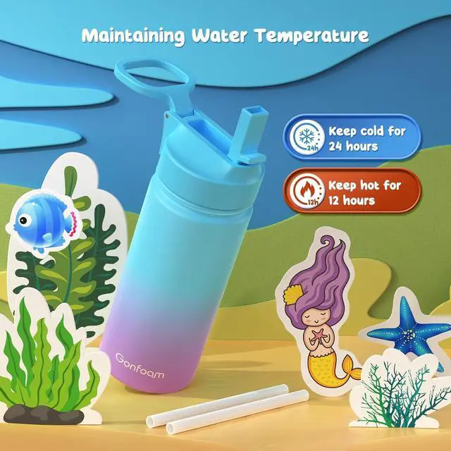 Alt view image 3 of 7 - Kids Water Bottle 2-Pack 16oz Kids Water Bottle with Stickers for School insulated Stainless Steel Straw Cup(Gray+Blue)