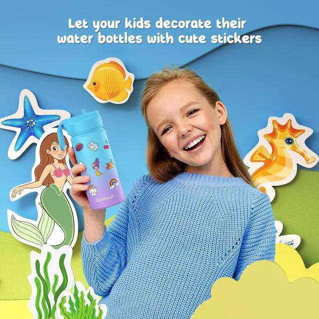 Alt view image 5 of 7 - Kids Water Bottle 2-Pack 16oz Kids Water Bottle with Stickers for School insulated Stainless Steel Straw Cup(Gray+Blue)