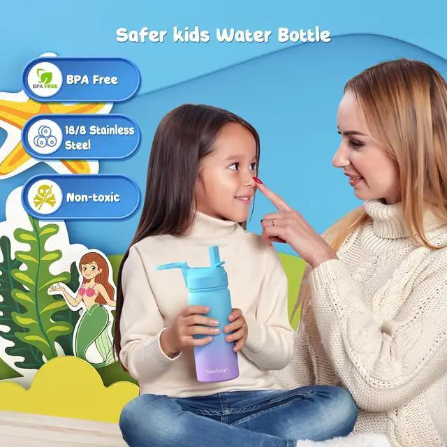 Alt view image 4 of 7 - Kids Water Bottle 2-Pack 16oz Kids Water Bottle with Stickers for School insulated Stainless Steel Straw Cup(Gray+Blue)