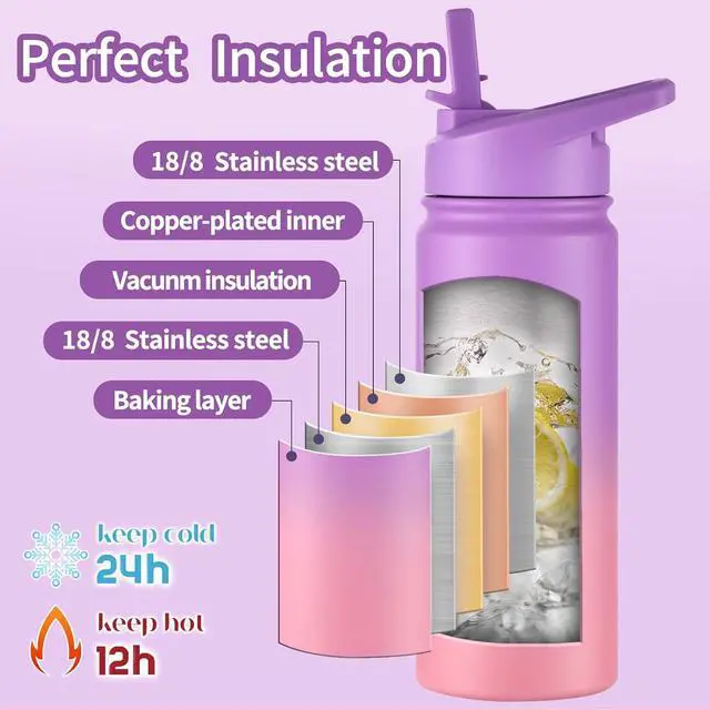 Alt view image 7 of 7 - Mininoo Kids Water Bottle for School 16oz Stainless Steel Insulated Water Bottle Kids with Paracord Handle for Girls Boys (2 Pack)