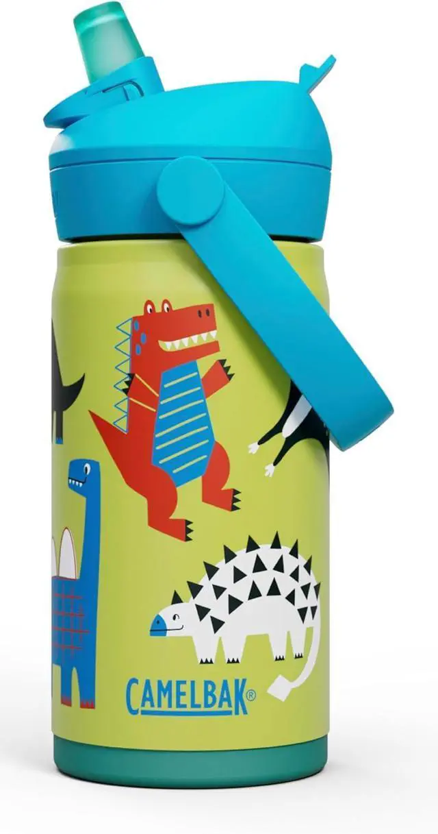 Main image of Thrive Flip Straw Kids Bite Valve Stainless Steel Water Bottle Dino Jam 12oz