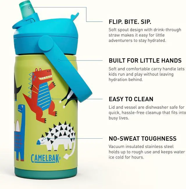 Alt view image 3 of 7 - Thrive Flip Straw Kids Bite Valve Stainless Steel Water Bottle Dino Jam 12oz