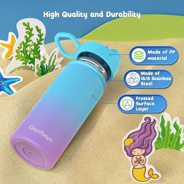 Alt view image 6 of 7 - Kids Water Bottle 2-Pack 16oz Kids Water Bottle with Stickers for School insulated Stainless Steel Straw Cup(Gray+Blue)