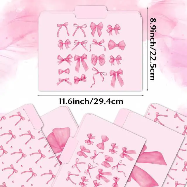 Alt view image 2 of 6 - 12Pcs Coquette Pink Bow File Folders Letter Size Bowknot Decorative File Pockets with 1/3 Cut Tab Pretty Colored Folders for Office Home Classroom Supplies Documents Paper 8.9 x 11.6 Inch