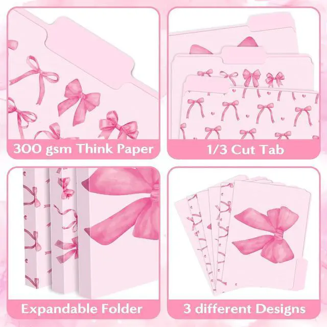 Alt view image 3 of 6 - 12Pcs Coquette Pink Bow File Folders Letter Size Bowknot Decorative File Pockets with 1/3 Cut Tab Pretty Colored Folders for Office Home Classroom Supplies Documents Paper 8.9 x 11.6 Inch