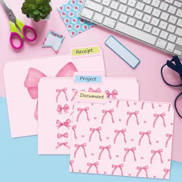 Alt view image 4 of 6 - 12Pcs Coquette Pink Bow File Folders Letter Size Bowknot Decorative File Pockets with 1/3 Cut Tab Pretty Colored Folders for Office Home Classroom Supplies Documents Paper 8.9 x 11.6 Inch