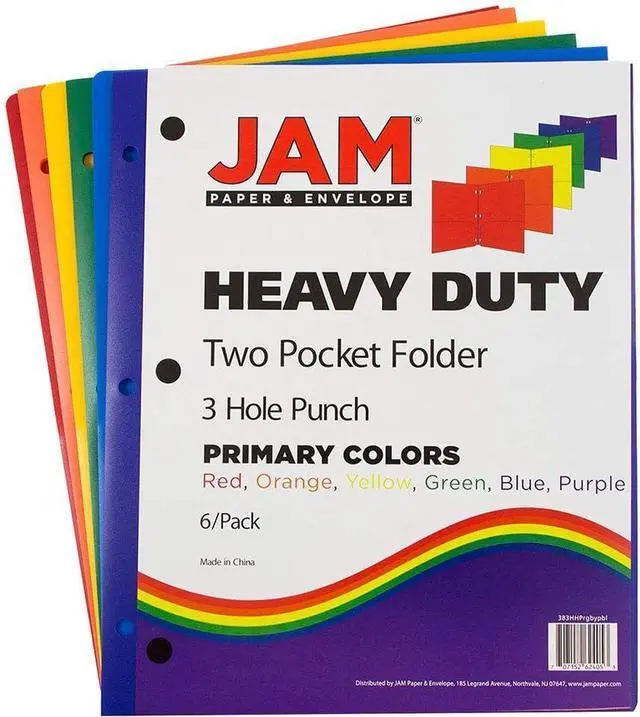Alt view image 2 of 7 - JAM PAPER Heavy Duty Plastic 3 Hole Punch Pocket Folders - Extra Tough School Folders - Assorted Primary Colors - 6/Pack