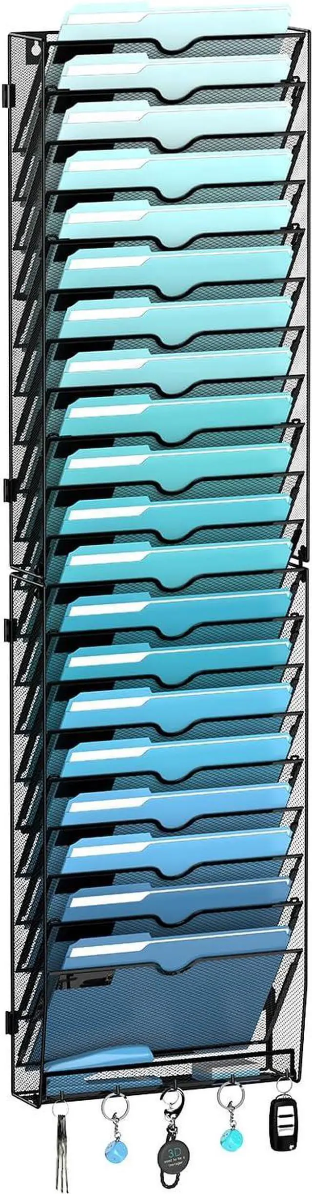 Main image of 21-Tier Hanging Wall File Organizer with 5 Hooks Wall File Holder with Labels Vertical Wall Mount Mail Organizer for Papers Folders Magazines Office Organization Assembly Needed Black