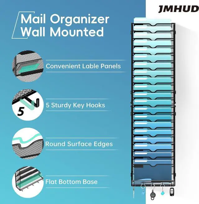 Alt view image 2 of 7 - 21-Tier Hanging Wall File Organizer with 5 Hooks Wall File Holder with Labels Vertical Wall Mount Mail Organizer for Papers Folders Magazines Office Organization Assembly Needed Black
