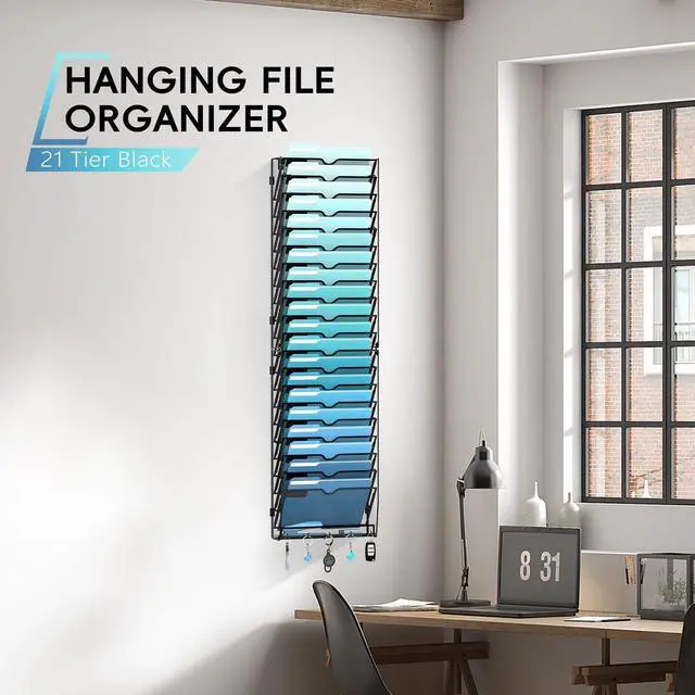 Alt view image 5 of 7 - 21-Tier Hanging Wall File Organizer with 5 Hooks Wall File Holder with Labels Vertical Wall Mount Mail Organizer for Papers Folders Magazines Office Organization Assembly Needed Black
