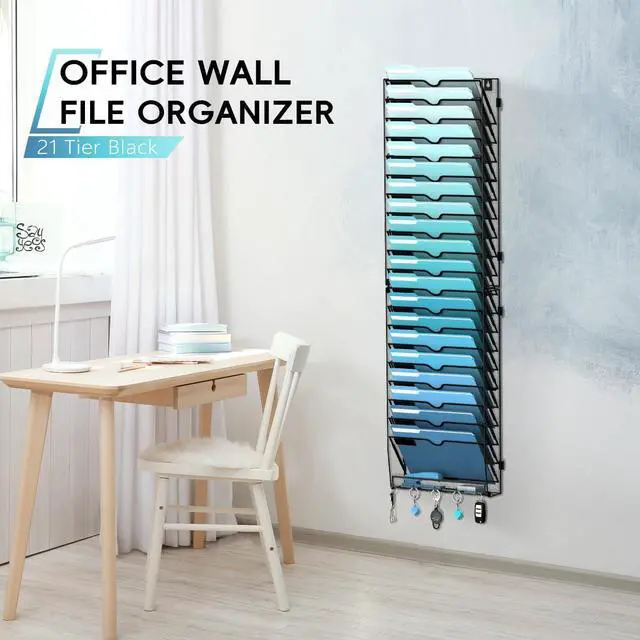 Alt view image 4 of 7 - 21-Tier Hanging Wall File Organizer with 5 Hooks Wall File Holder with Labels Vertical Wall Mount Mail Organizer for Papers Folders Magazines Office Organization Assembly Needed Black