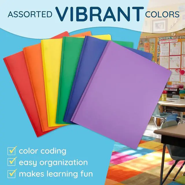 Alt view image 4 of 7 - 6 Pack Multicolor Plastic Folders with Pockets and Prongs 2 Pocket Plastic Folders with Prongs and Brads for School Home and Work