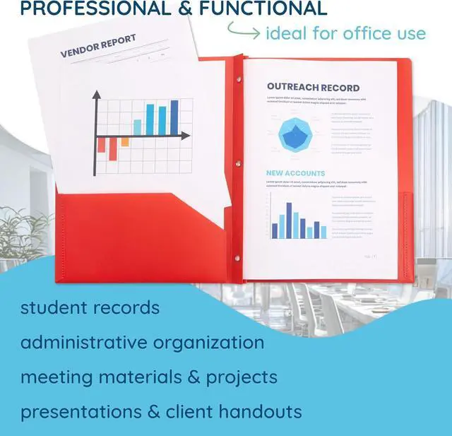 Alt view image 5 of 7 - 6 Pack Multicolor Plastic Folders with Pockets and Prongs 2 Pocket Plastic Folders with Prongs and Brads for School Home and Work