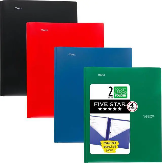 Main image of 2-Pocket Folder 4 Pack Plastic Folder with Prong Fasteners Holds 8-1/2 x 11 Paper Black Fire Red Forest Green Pacific Blue (38140)