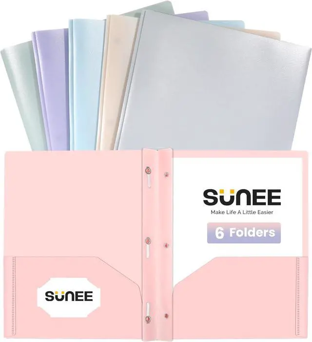 Main image of 3-Prong Plastic Folders with Pockets (6 Pack Pastel Colors) 2 Pocket Folders with Fasteners Tear-Resistant Plastic Pockets and Fit Letter Size Paper Use for School Office Home Business