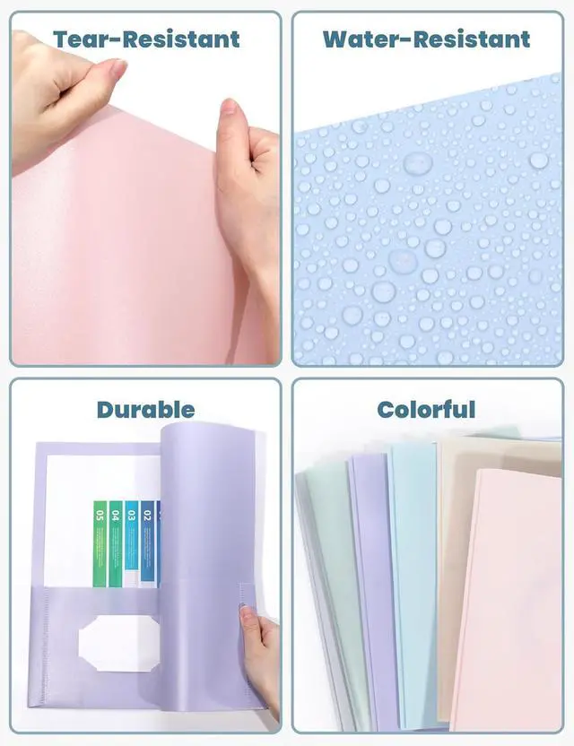 Alt view image 4 of 7 - 3-Prong Plastic Folders with Pockets (6 Pack Pastel Colors) 2 Pocket Folders with Fasteners Tear-Resistant Plastic Pockets and Fit Letter Size Paper Use for School Office Home Business