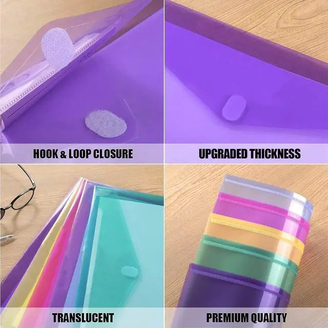 Alt view image 3 of 7 - 12 Pack Plastic Envelopes Poly Envelopes HeavyDuty File Folders Clear Folders with Pockets Folders for Documents Letter A4 Size Filing Folders Travel Bags Office School Paper Storage