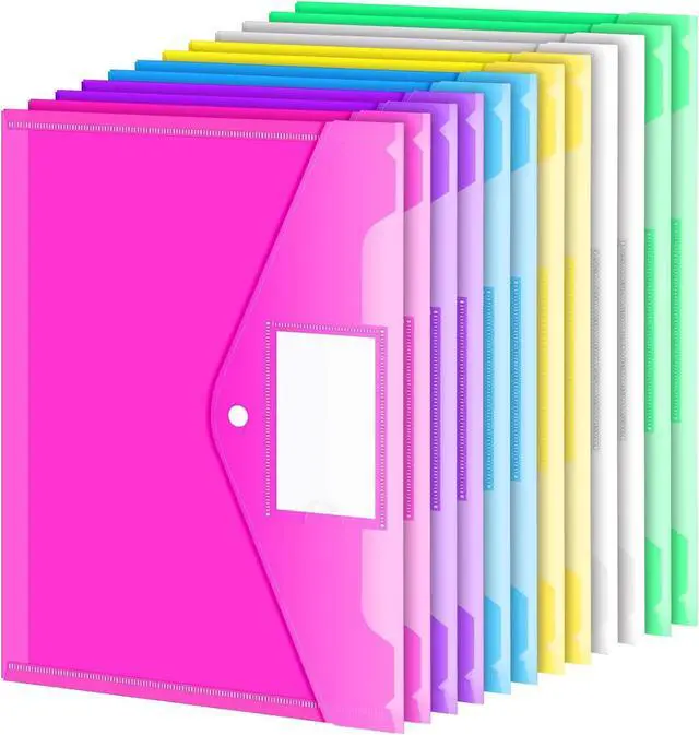 Main image of 12 Pack Folders Plastic Envelopes Clear Plastic File Folder for Document Letter A4 Size Poly File Envelopes with Label Pocket Snap Button for Home Work Office Organizer 5 Colors