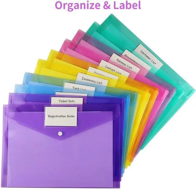 Alt view image 3 of 7 - 12 Pack Folders Plastic Envelopes Clear Plastic File Folder for Document Letter A4 Size Poly File Envelopes with Label Pocket Snap Button for Home Work Office Organizer 5 Colors