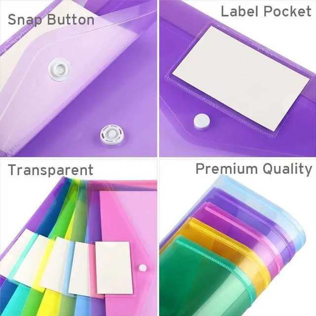 Alt view image 4 of 7 - 12 Pack Folders Plastic Envelopes Clear Plastic File Folder for Document Letter A4 Size Poly File Envelopes with Label Pocket Snap Button for Home Work Office Organizer 5 Colors