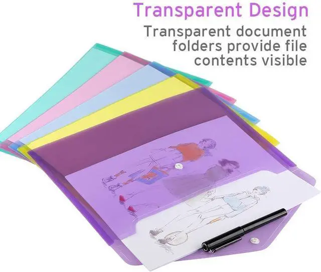 Alt view image 5 of 7 - 12 Pack Folders Plastic Envelopes Clear Plastic File Folder for Document Letter A4 Size Poly File Envelopes with Label Pocket Snap Button for Home Work Office Organizer 5 Colors