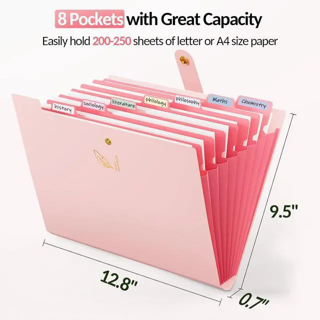 Alt view image 4 of 7 - Aesthetic 8 Pocket Accordion File Organizer Pastel Expanding File Folder for Important Document with Labels Portable Receipt Bill Paper Organizer for Office School Supplies Letter Size Pink