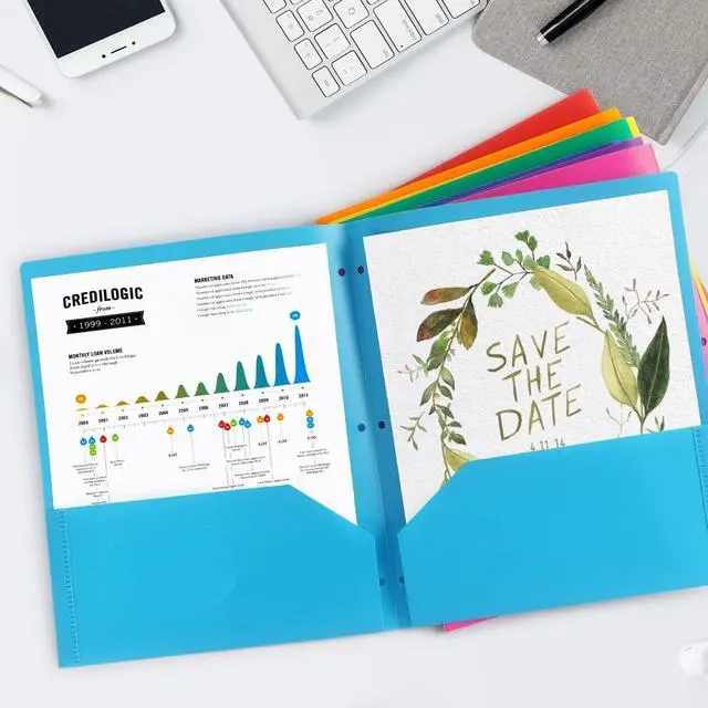 Alt view image 5 of 7 - 8 Pack Colored Plastic Folders Durable Heavy Duty File Folders with 2 Pockets Poly Folders 3 Hole Punched 2 Pocket Folders for School for School Office
