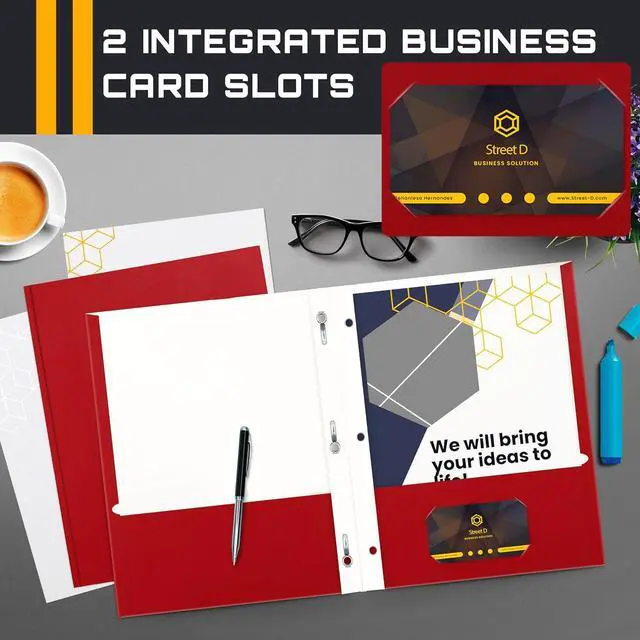 Alt view image 4 of 6 - Red Paper 2 Pocket Folders with Prongs 50 Pack Matte Texture Letter Size Paper Folders 50 Pack with 3 Metal Prong Fastener Clips RED