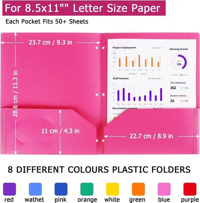 Alt view image 3 of 7 - 8 Pack Colored Plastic Folders Durable Heavy Duty File Folders with 2 Pockets Poly Folders 3 Hole Punched 2 Pocket Folders for School for School Office