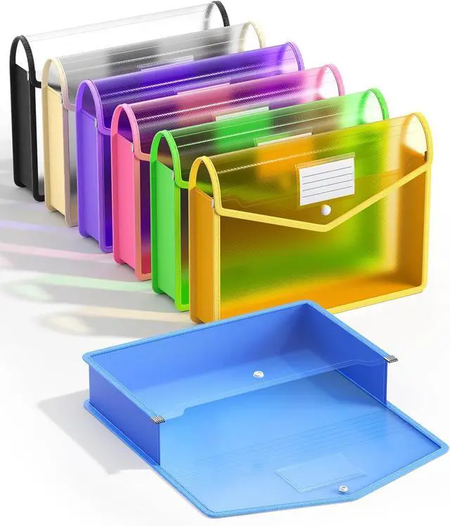 Main image of Plastic Expanding File Folder Transparent envelopes with Snap Closure No Dividers Large Capacity Assorted Colors Bills&Taxes Letter/A4 Size for School/Office/Home-7 Pack