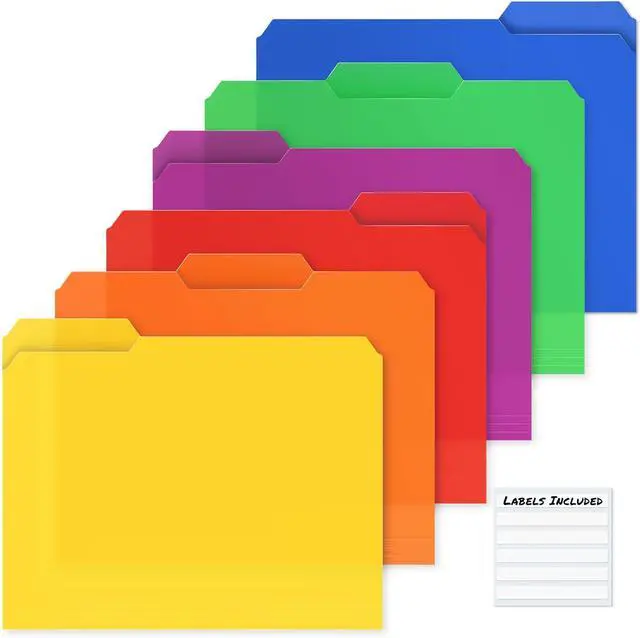 Main image of Plastic Colored File Folders (12 Pack) 1/3 Tab Filing Folders for 8.5x11 Letter Size Documents Assorted Colors Acid-Free Poly Includes Labels