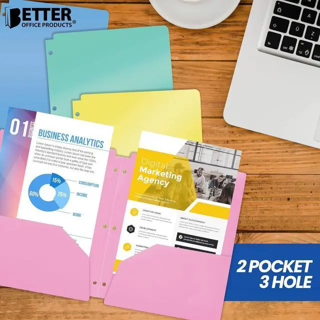 Alt view image 2 of 7 - 3 Hole Punch Pocket Folders Bulk Pack Sturdy Plastic 2 Pocket Folders Assorted Pastel Colors Letter Size with Business Card Slot (6 Pack)