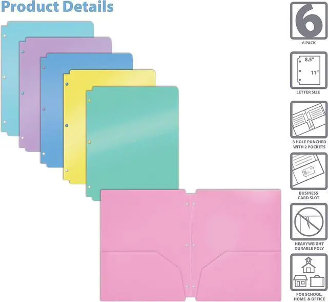 Alt view image 3 of 7 - 3 Hole Punch Pocket Folders Bulk Pack Sturdy Plastic 2 Pocket Folders Assorted Pastel Colors Letter Size with Business Card Slot (6 Pack)