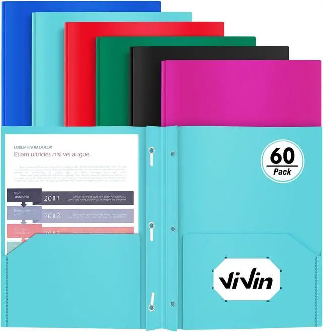 Main image of Heavy Duty Plastic Folder 60 Pack Pocket Folder with brads Letter Size Poly File Plastic Folders with 3 Prongs Fasteners - Assorted Color