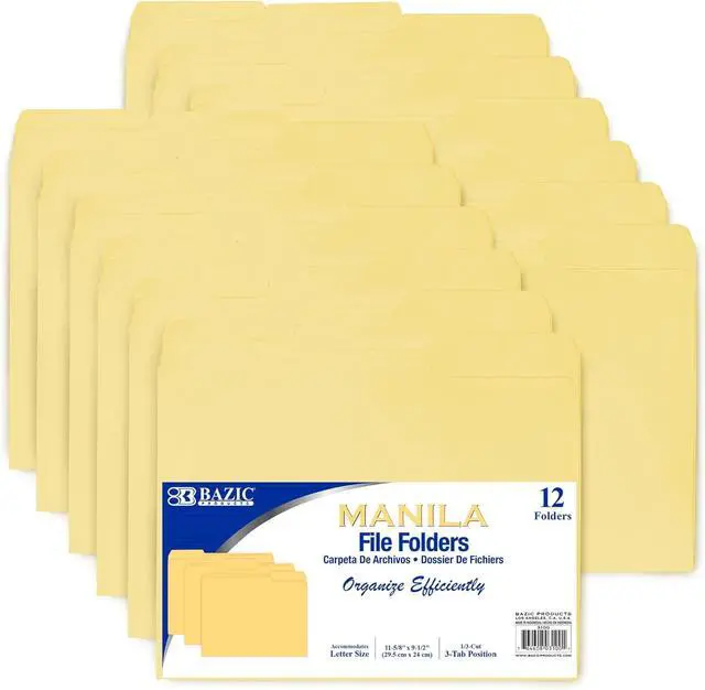Main image of BAZIC Manila File Folder 1/3 Cut Letter Size Left Right Center Tabs Positions for Organizing Filing Document Storage Total 12-Count