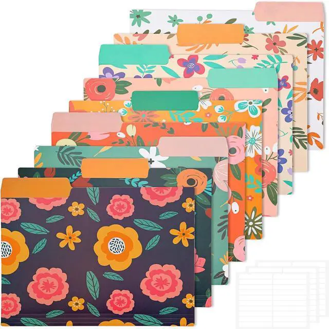 Main image of 9pcs Decorative File Folders Letter Size 1/3-Cut Tabs Plastic File Folders for Documents with Colorful Floral Patterns and Erasable Category Labels for Notes Office and School Supplies