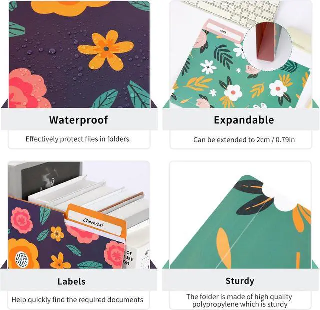 Alt view image 5 of 7 - 9pcs Decorative File Folders Letter Size 1/3-Cut Tabs Plastic File Folders for Documents with Colorful Floral Patterns and Erasable Category Labels for Notes Office and School Supplies