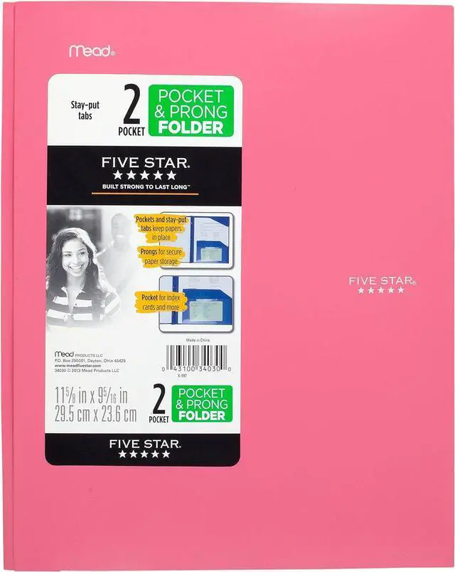Main image of 2-Pocket Folder Stay-Put Folder Plastic Colored Folders with Pockets & Prong Fasteners for 3-Ring Binders For Home School Supplies & Home Office 11 x 8-1/2 Pink (72105)