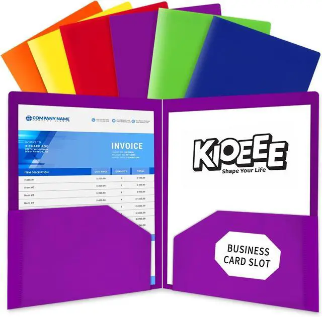 Main image of Heavy Duty Plastic Folders with 2 Pockets (6 Pack) Fit Letter Size Paper Business Card Slot Assorted Colors for School Office and Home