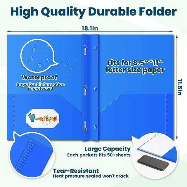 Alt view image 3 of 7 - 6 Packs 2 Pocket Folders with 3 Prongs Fastener Clasps Bulk Heavy Duty Plastic Folders Multicolor Files Folders in 6 Colors for School and Office