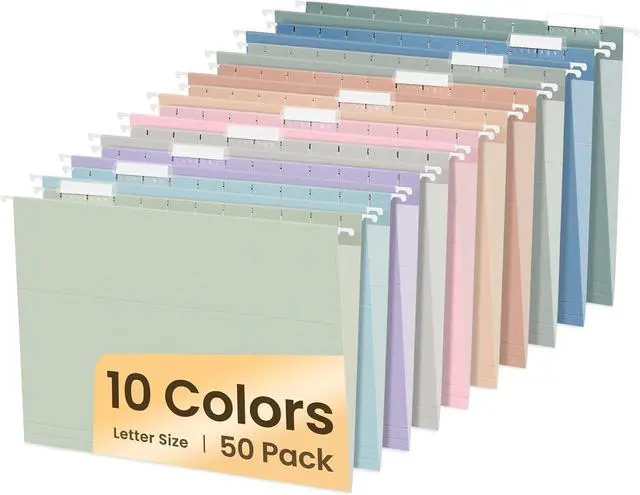 Main image of Hanging File Folders 50 Pack Letter Size Hanging File Folders with 1/5-cut Tabs Stay Organized for Your Home and Office Bulk File Documents and Paper 10 Pastel Colors