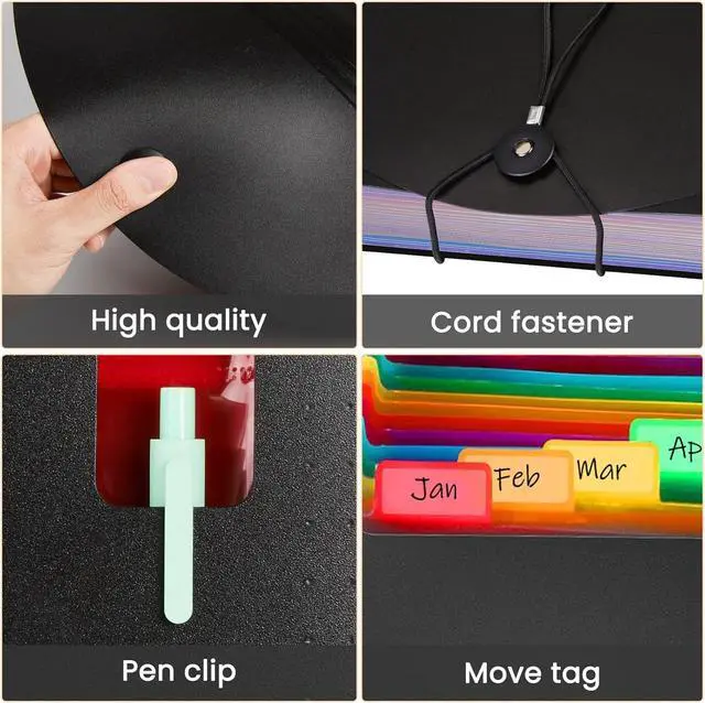 Alt view image 4 of 7 - Accordion File Organizer 13 Pockets Expanding File Folder Portable Monthly Paper Bill Tax Receipt Organizer Letter A4 Size Document Holder with Blank Labels Black