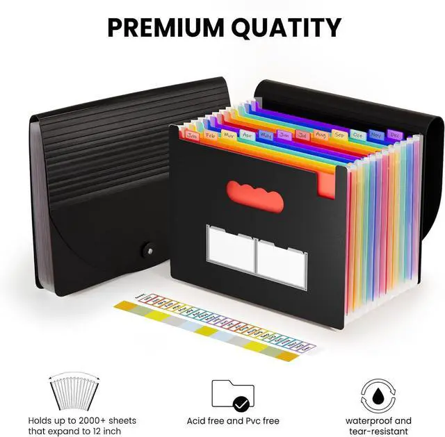 Alt view image 7 of 7 - Accordion File Organizer 13 Pockets Expanding File Folder Portable Monthly Paper Bill Tax Receipt Organizer Letter A4 Size Document Holder with Blank Labels Black
