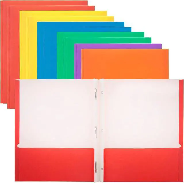 Main image of BAZIC Two Pockets Paper Portfolio 3 Metal Fastener Clips Folder Letter Size Folders for Office Document Papers Organizer Assorted Color 10-Count
