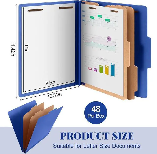 Alt view image 2 of 6 - 48 Pcs Classification Folders Letter Size 2 Divider Pressboard File Folders with 3. 5 Inch Expansion 2 Prongs Fastener Heavy Duty Office File Organizers for Teachers Medical (Dark Blue)