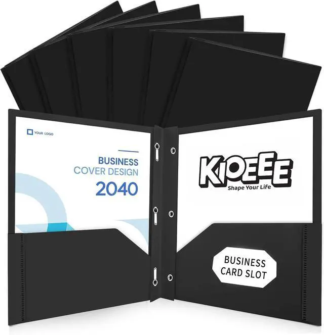Main image of Black Heavy Duty Plastic Folders with 2 Pockets and 3 Prongs (6 Pack) Fit Letter Size Paper Business Card Slot Assorted Colors for School Office and Home