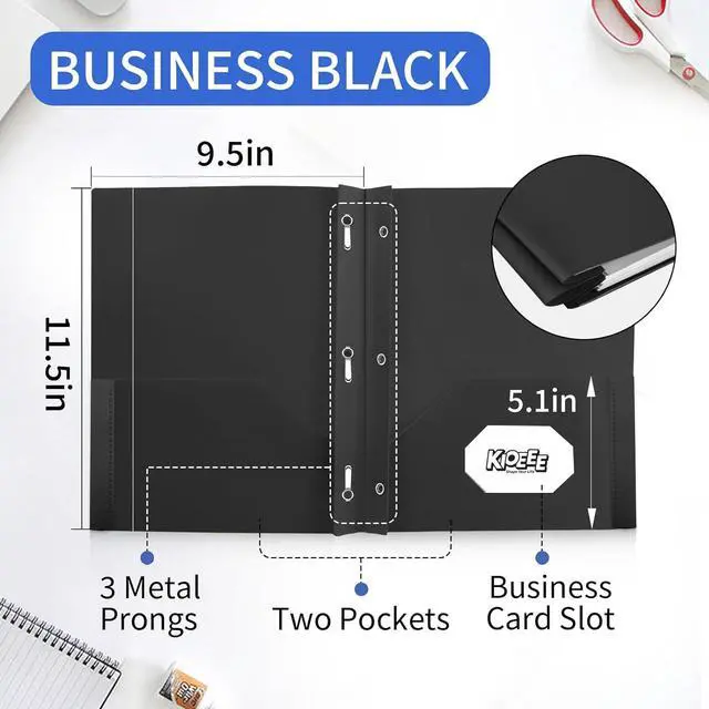Alt view image 2 of 6 - Black Heavy Duty Plastic Folders with 2 Pockets and 3 Prongs (6 Pack) Fit Letter Size Paper Business Card Slot Assorted Colors for School Office and Home
