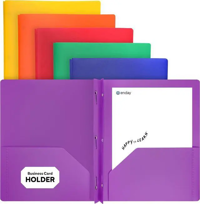 Main image of Plastic Folders with Pockets and Prongs Two Pocket Folder with Brads 3 Prong Folders with Pockets for Letter Size Sheets Asstd Colors in Purple Blue Green Yellow Orange & Black 6 Pc by