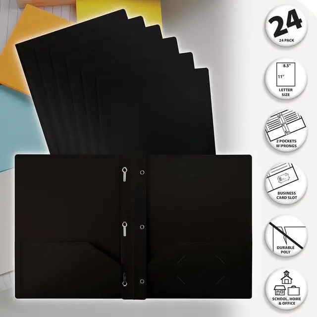 Alt view image 3 of 6 - Black Plastic 2 Pocket Folders with Prongs Heavyweight Letter Size Poly Folders 24 Pack with 3 Metal Prongs Fastener Clips Black